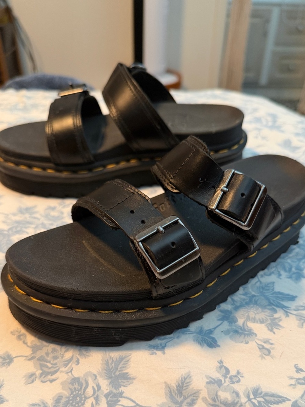 Size 5 Dr. Martens Black Double-Buckle Platform Slides with Yellow Stitching